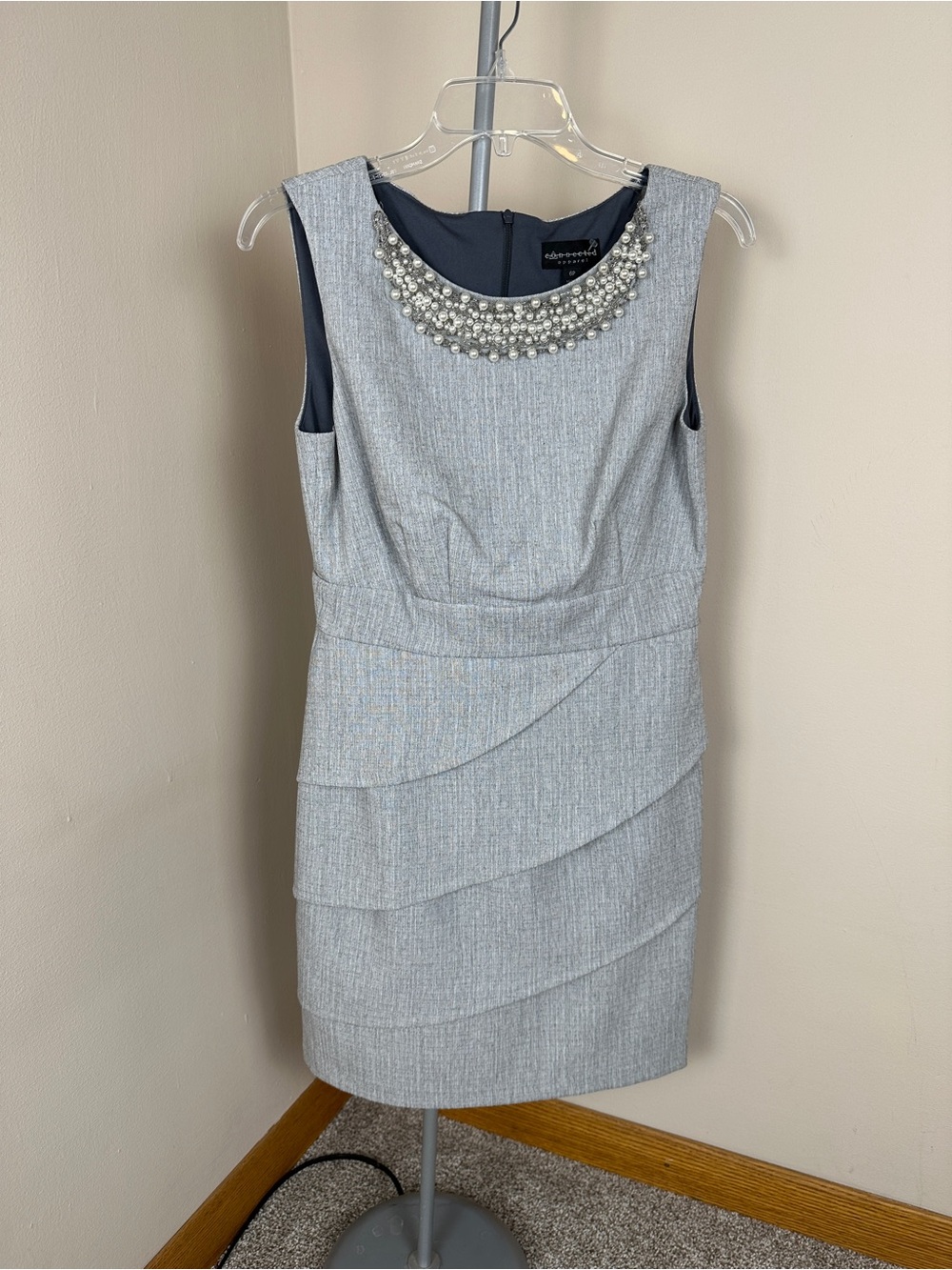 connected apparel Light Gray Pearl-Embellished Sheath Mini Dress Petite NWOT